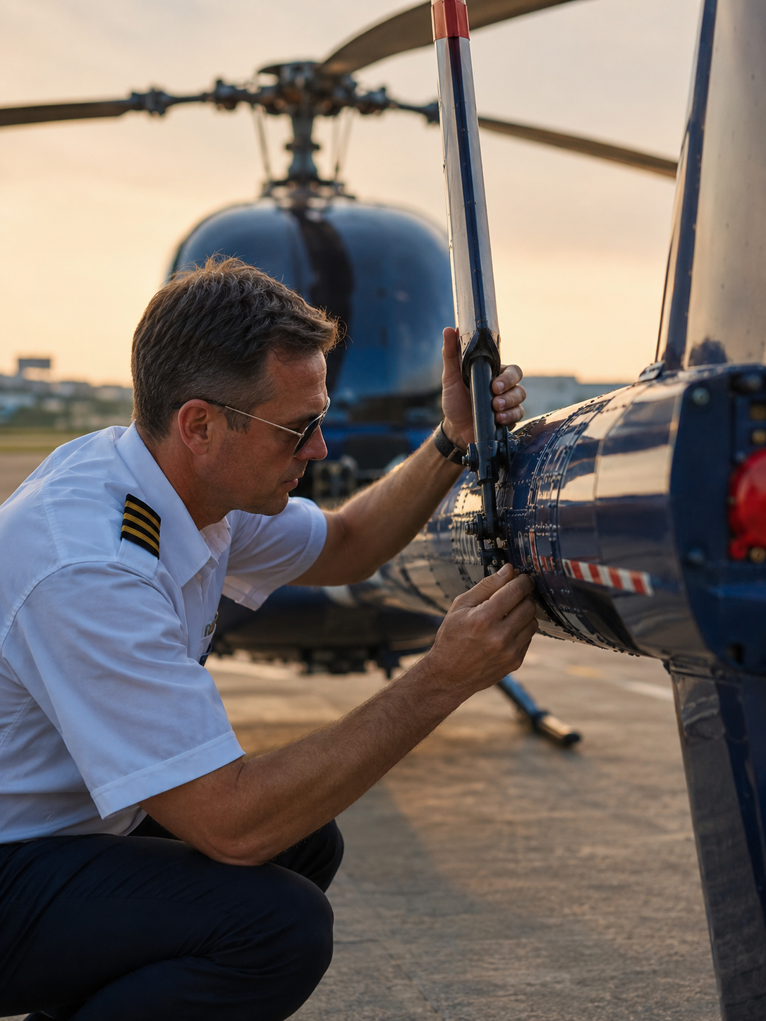 Pilot bei der Flugvorbereitung am Helikopter